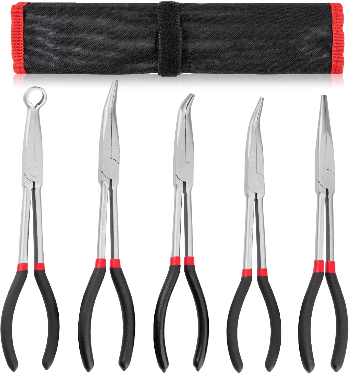 5Pcs Bent Nose Pliers 11 Inch Extra Long Needle Nose Pliers Set | Straight, 25°/45°/90° Bent, Circle Nose for Narrow Spaces, Hard to Reach Areas & Precision Work