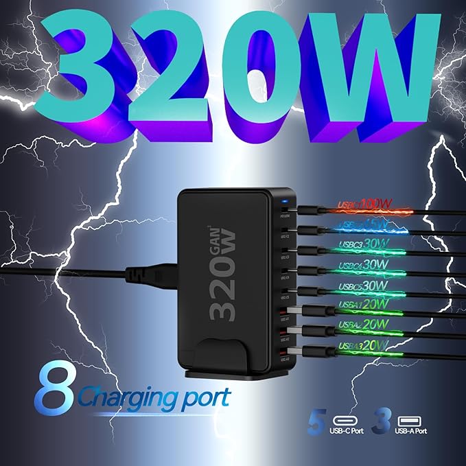 Upgrade USB C Desktop Charger, 320W 8-Port GaN III Fast Charging Station Hub - Image 5