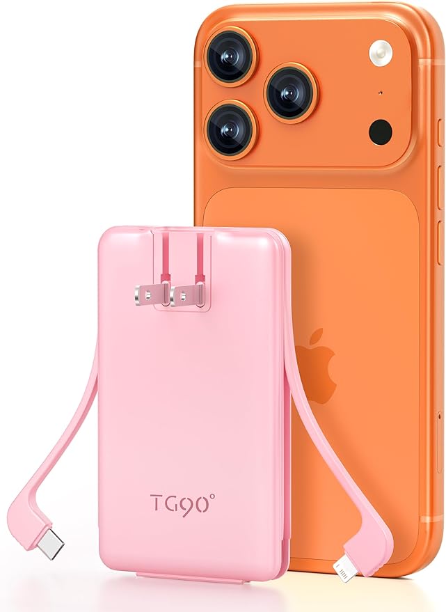 TG90° 5000mAh Portable Charger Built-in AC Wall Plug and Cables, Slim Fast by TG90%C2%B0