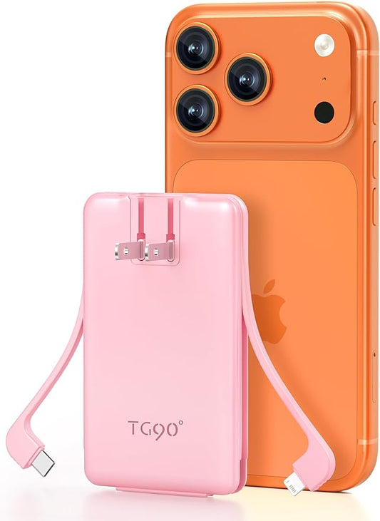TG90° 5000mAh Portable Charger Built-in AC Wall Plug and Cables, Slim Fast by TG90%C2%B0