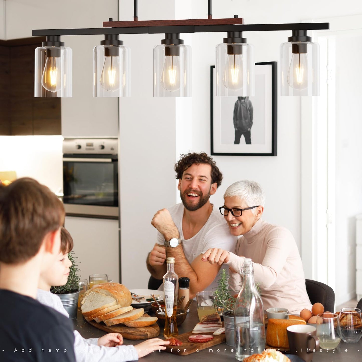 5-Light Dining Room Light Fixture 33.4" Kitchen Island Lighting | Linear Chandelier, Clear Glass Shades, Adjustable Height,for Kitchen Island, Dining Room
