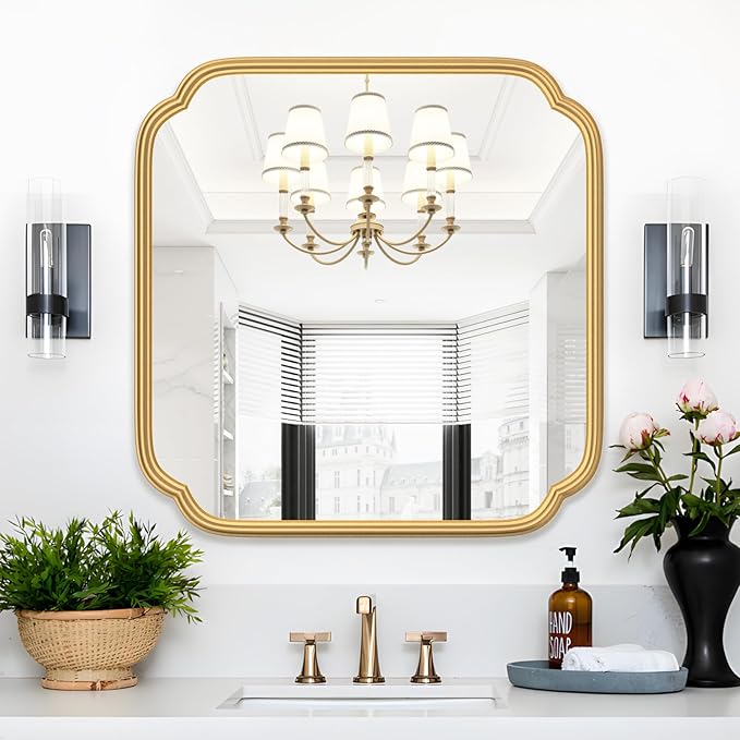 Gold Bathroom Mirror for Wall 24" x 24" Modern Rounded Corner Square Mirror by FerytangeHome