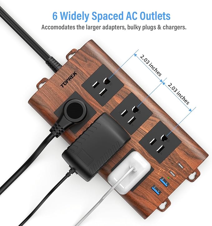 TOPREK Surge Protector Power Strip, 6 Widely-Spaced Outlets - Image 4