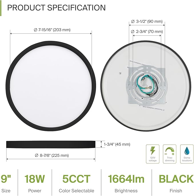 ASD LED 9" Round Flush Mount Ceiling Light Fixture, Low Profile Surface - Image 2