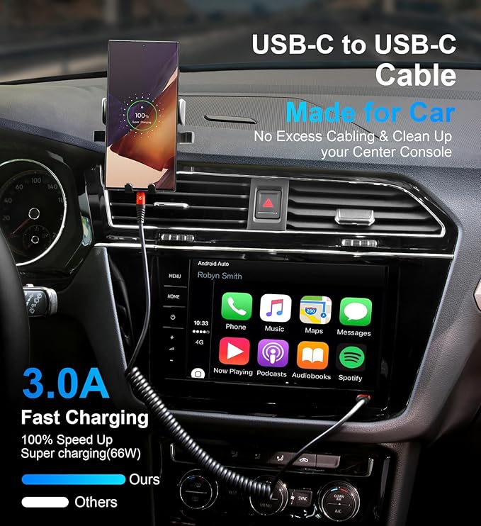 KIYODA Coiled USB C Cable for Car 3FT & 6FT, USB C to USB C Fast Charging Cable - Image 3