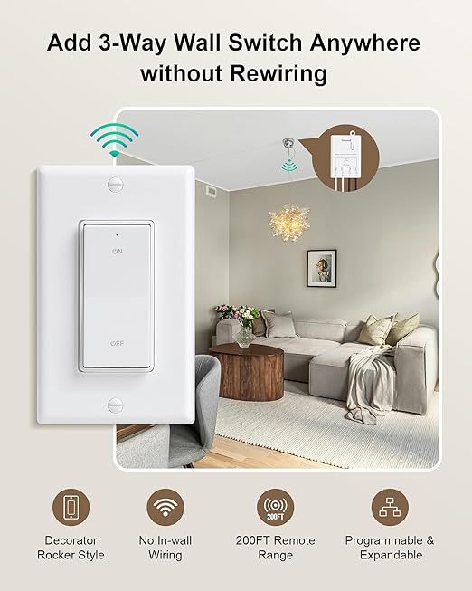 TREEWELL 3 Way Wireless Light Switch and Receiver Kit, Decorator Rocker Wall - Image 2