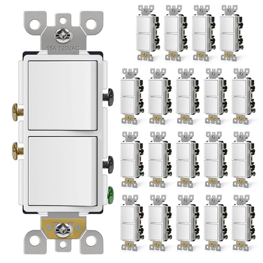 CML 20 Pack Decorator Double Rocker Light Switch, Two Single Pole Electrical Paddle, 15A 120V, in-Wall On/Off Interrupter, Self-Grounding, UL Listed, White