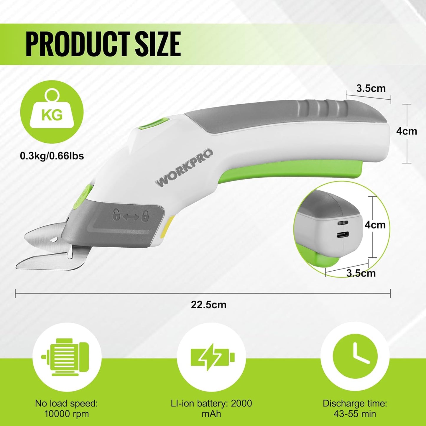 WORKPRO Cordless Electric Scissors with 2 Blades, Rechargeable Power Shears | Fabric Cutting, Leather, Carpet, Cardboard, Ergonomic Grip, Portable Design, Sewing, Scrapbooking, Craft Projects