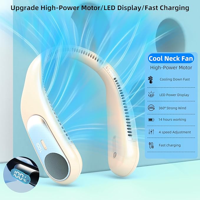 Portable Neck Fan, Personal Wearable Bladeless Fan, LED Display, 6000mAh USB - Image 3