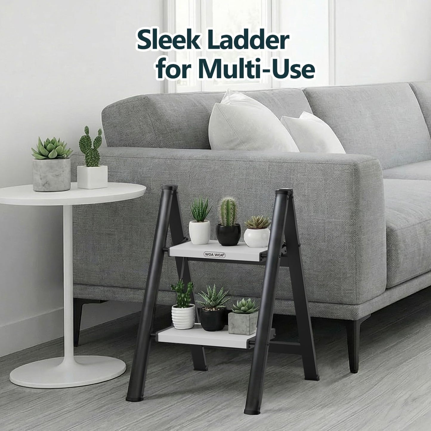 2 Step Ladder, Foldable Step Stool, 300lbs Load, Black & White | Folded 27''H x 3''T; Net 6.9 lbs; Rigid Aluminum Steps; No Assembly; For Home, Kitchen, Office, Pantry, Closets, Cabinets