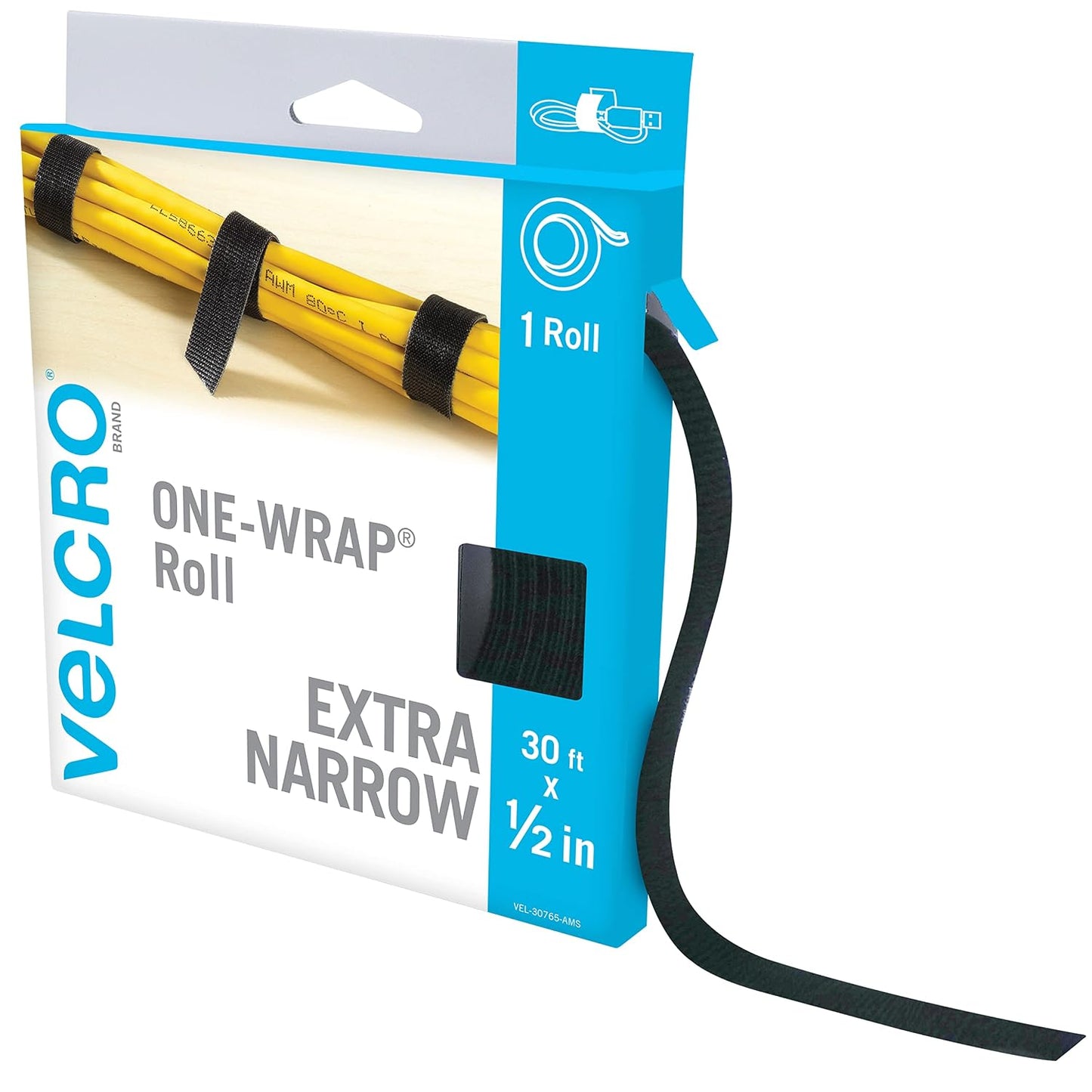 VELCRO Brand VEL-30765-AMS Extra Narrow Straps 1/2 in x 30ft Roll | Cut to Length Reusable Self-Gripping Tape | Organize and Bundle Electric Cords, Ropes, Cable Management Solutions, Wire Ties | Black | Extra Narrow Reusable Self Gripping Tape For