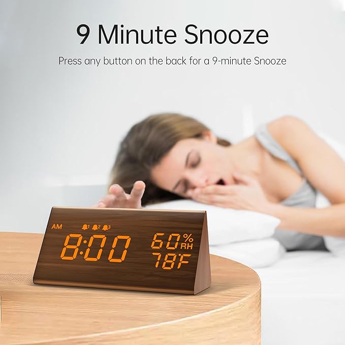 JALL Digital Alarm Clock, with Wooden Electronic LED Time Display, 3 Alarm - Image 3