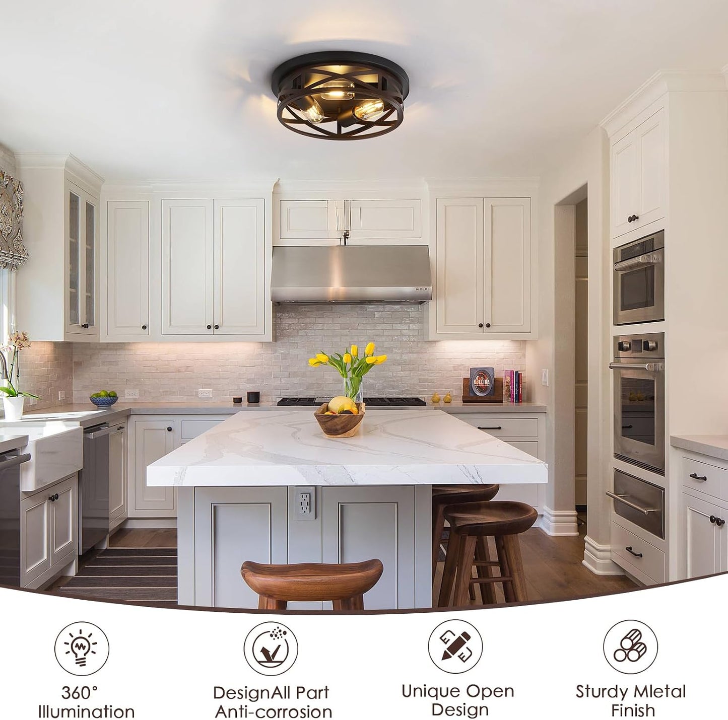 13 Inch Farmhouse Close to Ceiling Lights, Wood Finish Metal Cage Flush Mount Ceiling Light 3-Lights, Black Industrial Semi Flush Mount Ceiling Light for House Hallway Kitchen Bedroom