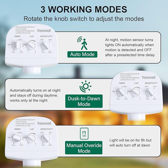 TREEWELL 2 Pack 240-Degree Replacement Motion Sensor, Adjustable LUX & Time & - Image 2