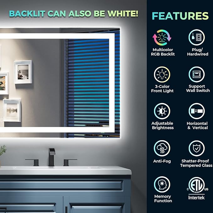 YEELAIT 36x30 Inch RGB LED Bathroom Mirror Front Light and RGB Backlit Lighted - Image 2