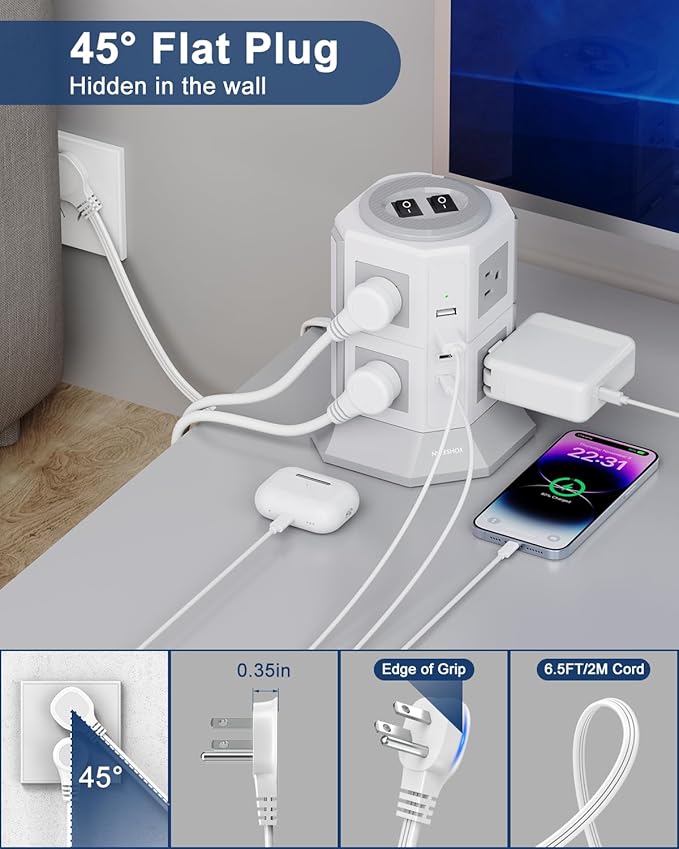 Tower Surge Protector Power Strip Flat Plugs - Image 3