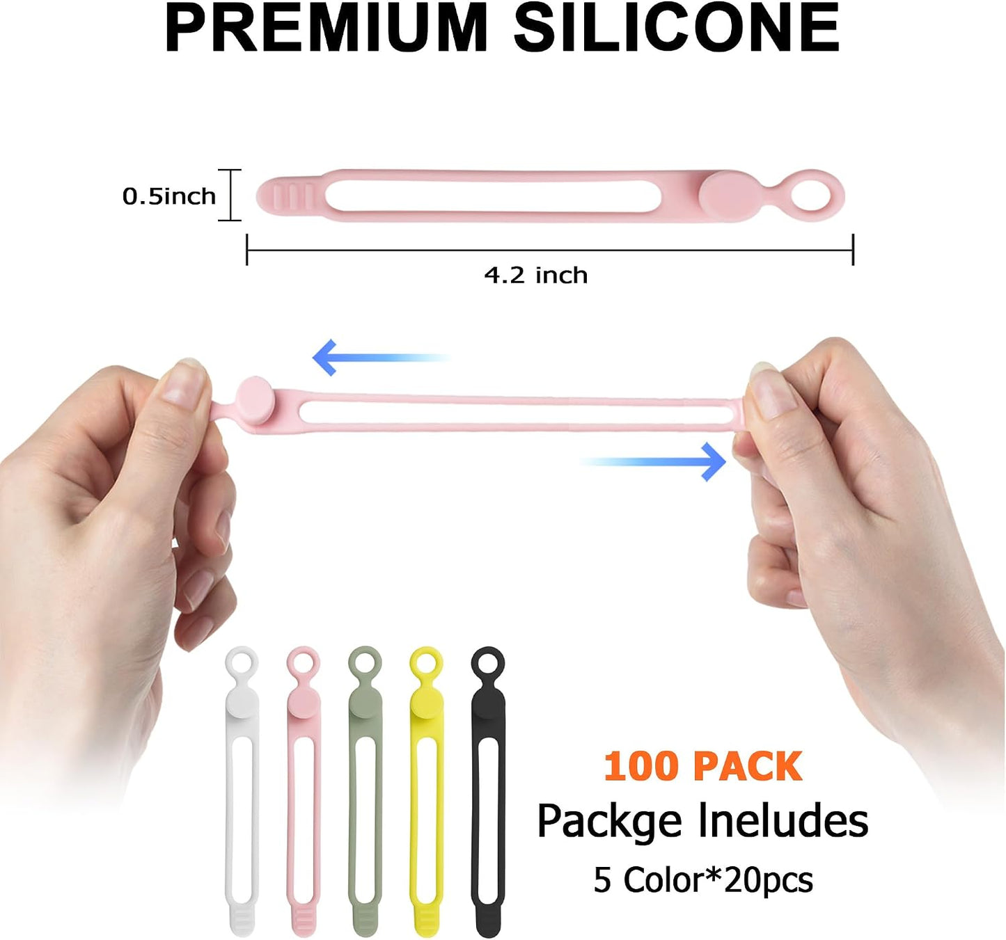 100Pcs Silicone Cable Ties, Cord Organizer Cable Management-Multi | Reusable Cord Ties for Electronics, Office Desk Accessories, Home Travel Essentials, Easy to Use, 4.2 Inch-5 Colors