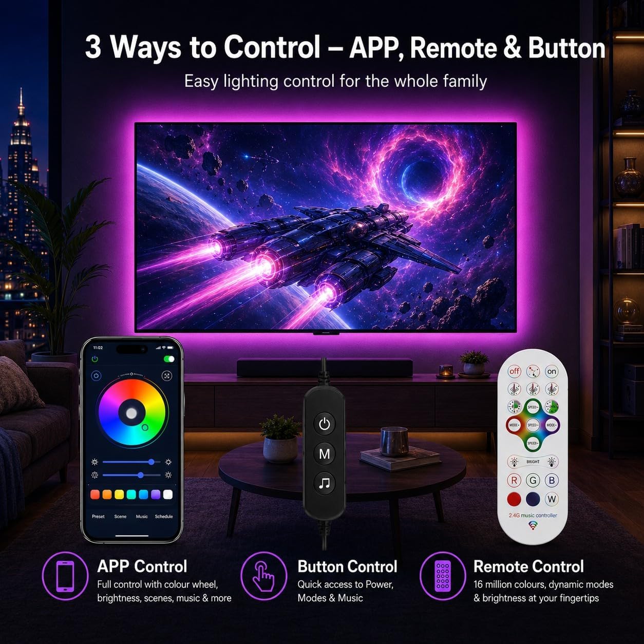 MORIACC 18ft TV LED Backlight for 45-75 Inch TVs, RGB LED Lights for TV with Music Sync, Bluetooth APP & Remote Control, USB Powered Ambient Lighting for Gaming, Movies, Bedroom & Home Theater