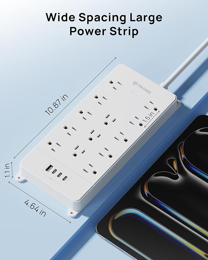 TROND 360° Rotating Flat Plug, Surge Protector Power Strip, 13AC Widely Spaced - Image 7