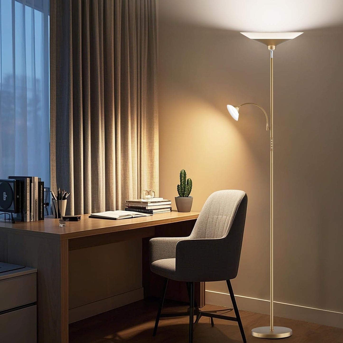 Gold Torchiere Floor Lamp - 2 Way LED Standing Lamp with Reading Light, Dimmable 72'' Tall Lamp with Remote Color Changing, 34W Mordern Uplighter for Living Room Bedroom Office