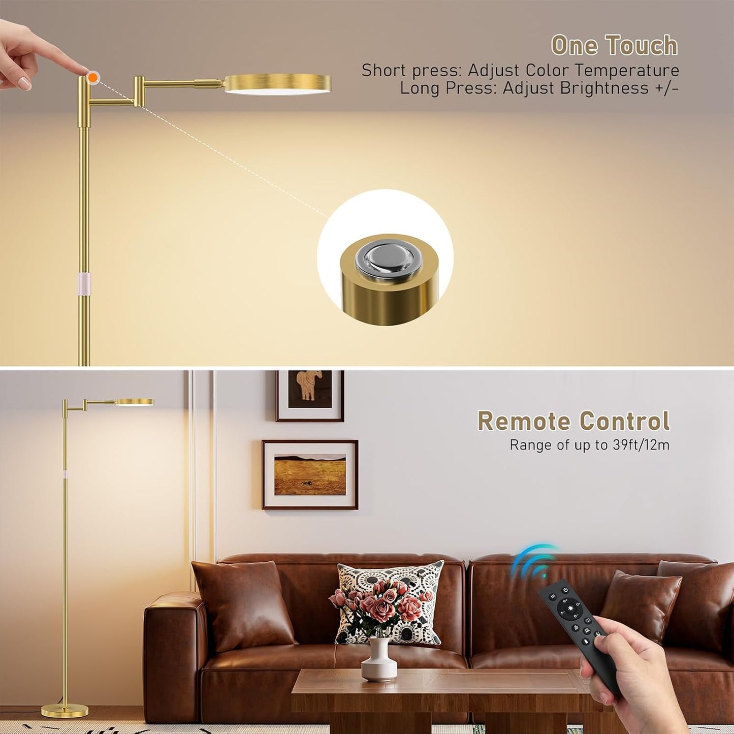 LED Floor Lamp, 18W Bright Standing Lamp with Remote Control, Adjustable Height, 350°Swing Arms, Modern Dimmable Coner Floor lamp for Reading, Sewing and Crafts, Gold