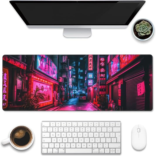 Eflxamz Desk Mat, Japanese Anime Neon Street Desk Pad, Anime City Large Gaming by Eflxamz