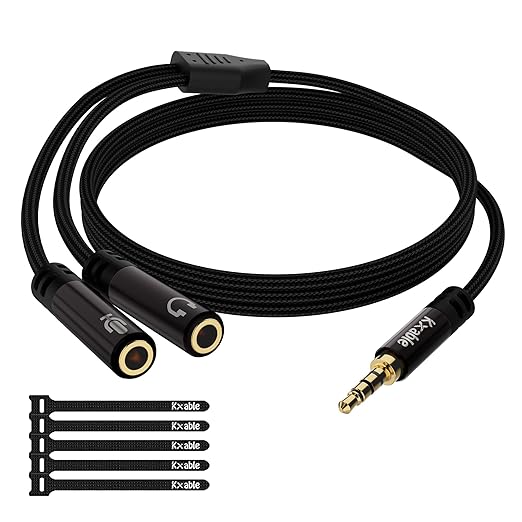 1/8inch Aux Headphone Splitter 2 Way Cable 2FT, 3.5mm 1 Male to 2 Female Mic by Kxable
