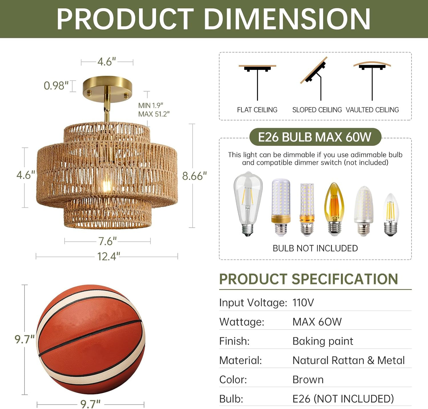12.4" Rattan Pendant Light for Kitchen Island, Boho Chandelier | 1-Light, Hand Woven, No Assembly, Gold Hardware, Farmhouse Coastal Drum Wicker Light Fixture Dining Room Hallway Entryway