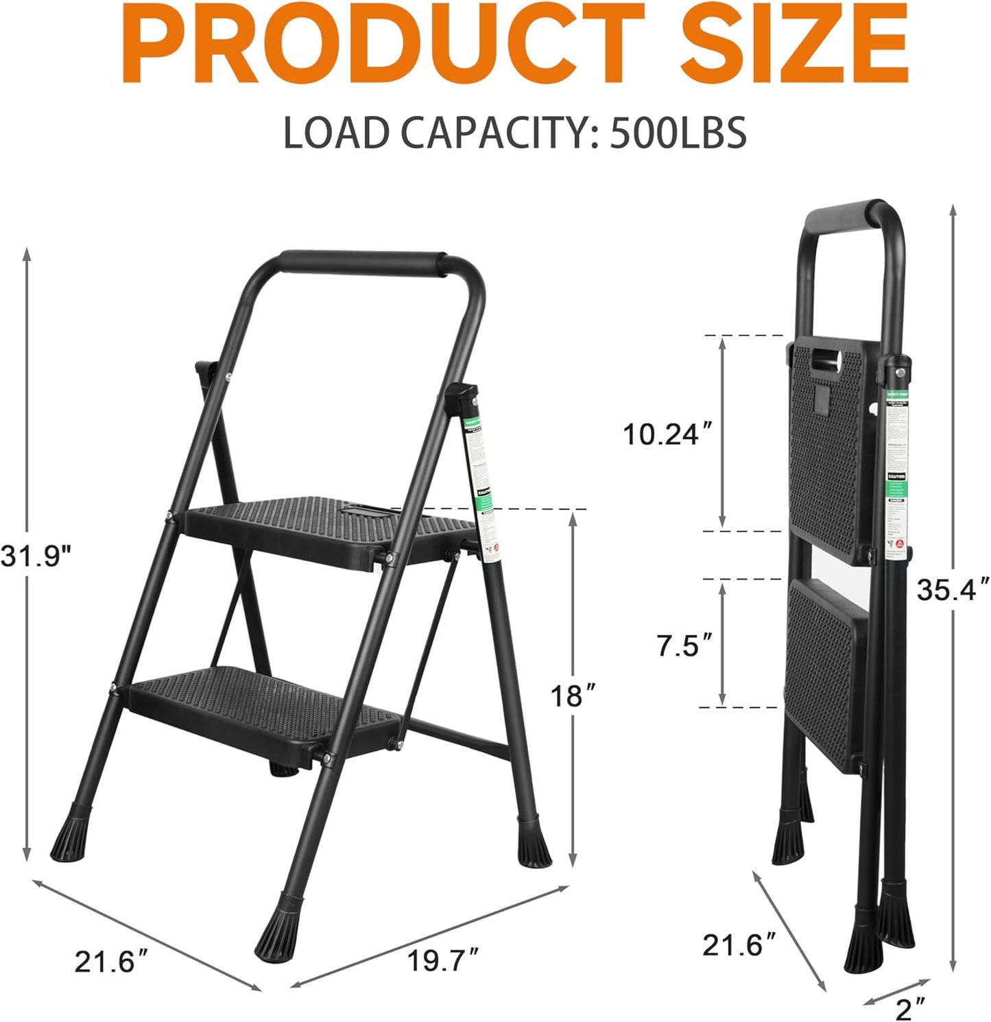 Step Ladder, Portable Steel Folding Step Stool with Wide Anti-Slip Pedal & Convenient Handgrip, 500lbs Sturdy Steel Ladder, 2-Step, Black