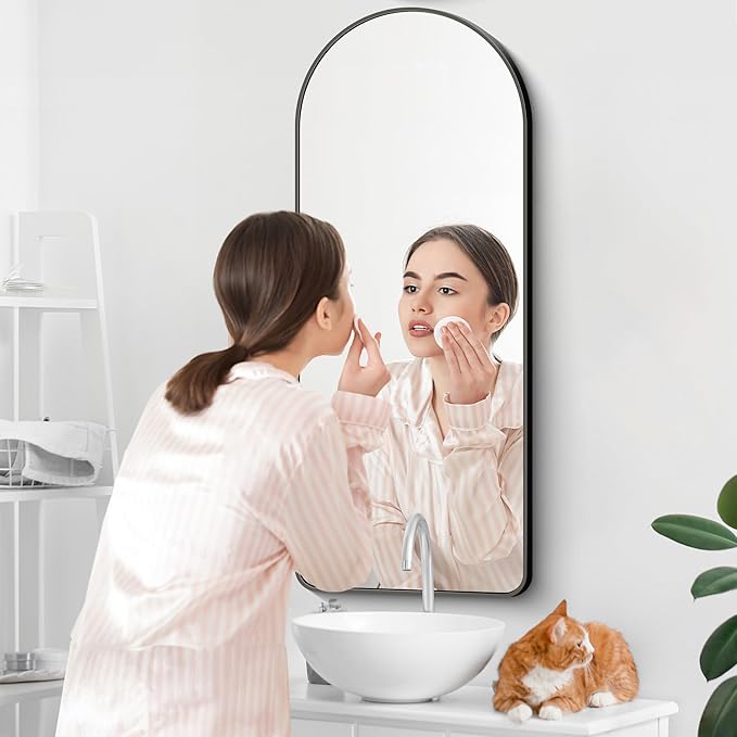 Arched Bathroom Mirror, Wall Mounted Mirror, Vanity Wall Mirror w/Metal Frame - Image 4