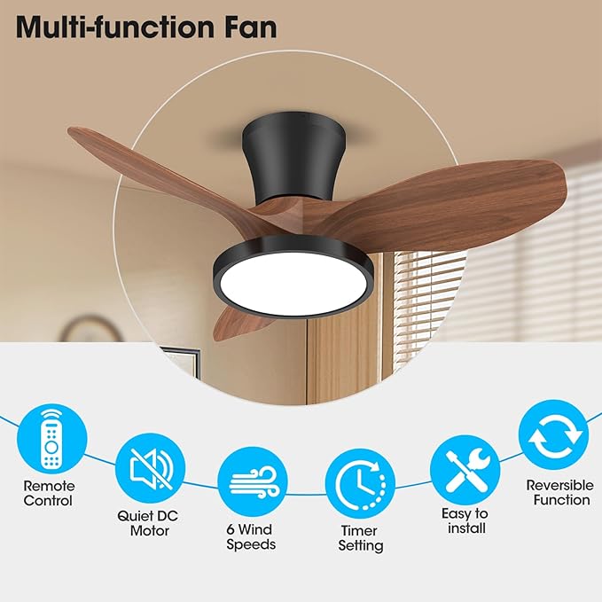 ocioc Quiet Ceiling Fan with LED Light DC motor 32 inch Large Air Volume Remote - Image 2