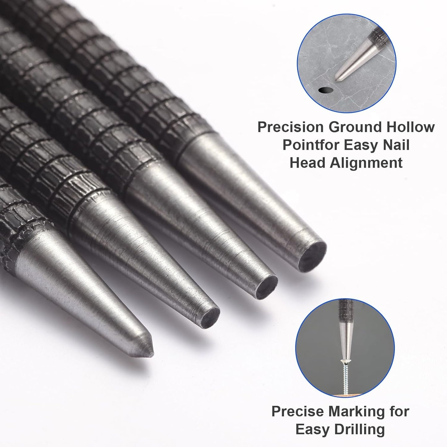 4-Piece Center Punch Set with Sizes 1/32"-4/32" | Hardened steel precision punches & nail set. sizes: 1/32", 2/32", 3/32", 4/32". for metalworking, woodworking, drilling.