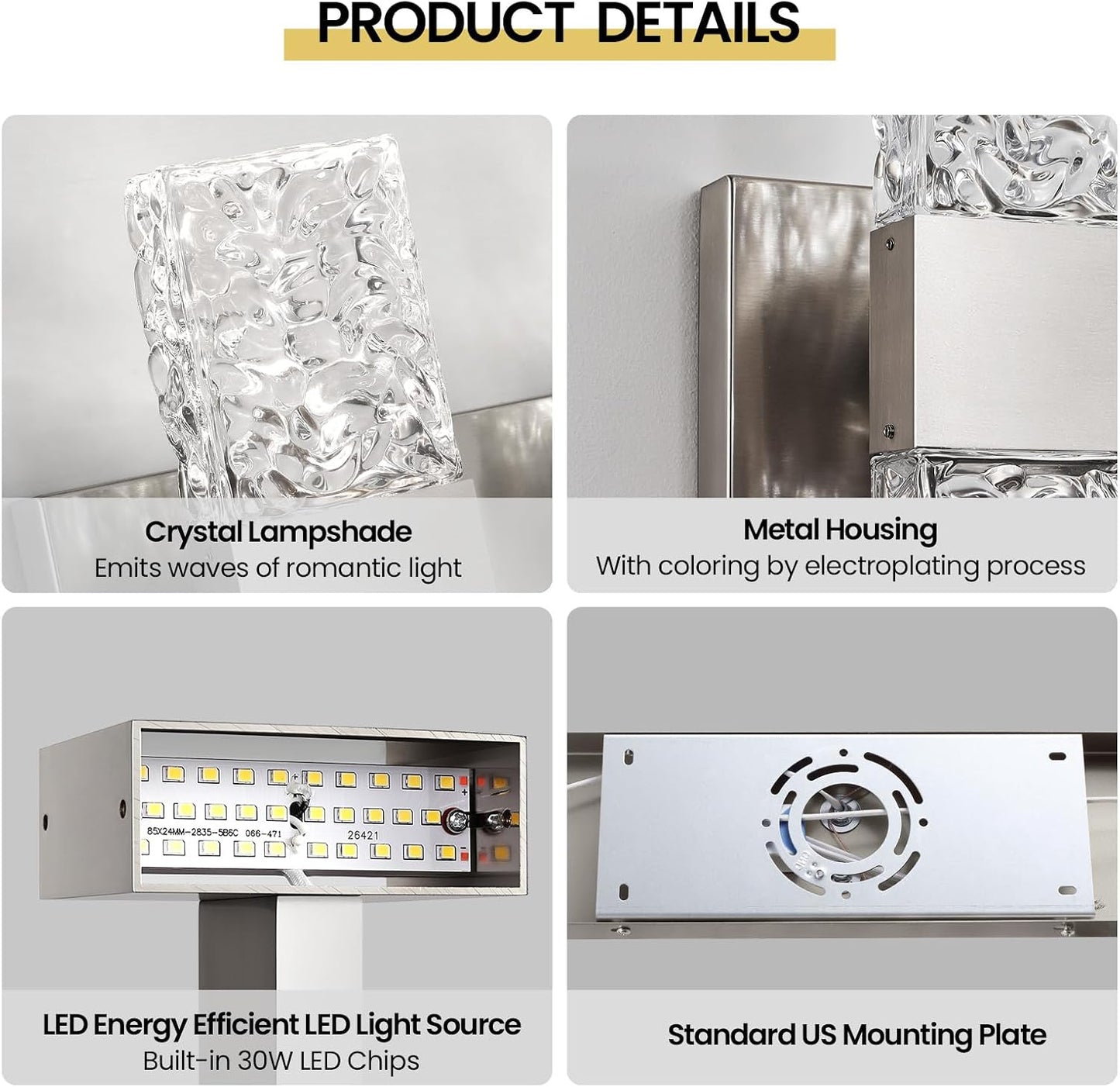 Epinl Brushed Nickel 4-Light Bathroom Vanity Lights, 4000K Modern Bathroom Lighting Fixtures Over Mirror, 28" LED Crystal Bathroom Light Fixtures Hardwired Wall Sconces for Bathroom Living Room