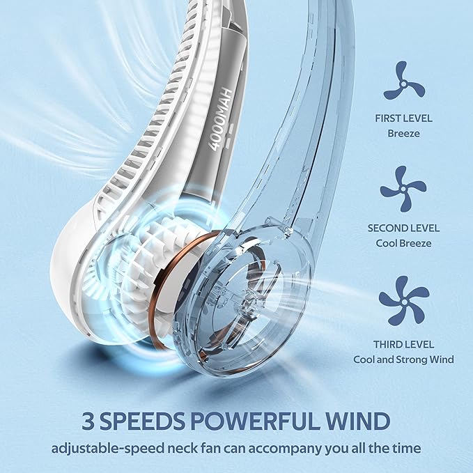 penkou Portable Neck Fan, Hands Free Personal Fan, 360° Airflow, 3-16 Running - Image 3