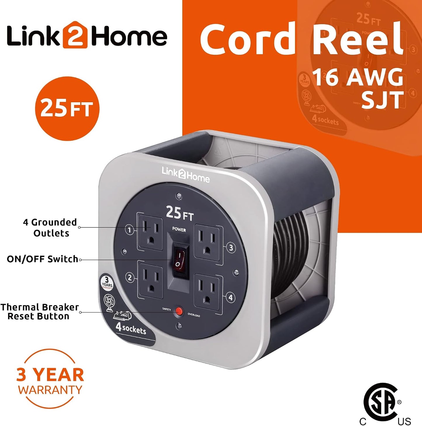 Link2Home 25 Ft. Extension Cord Storage Reel, 4 Grounded Outlets | 16/3 cable, overload reset button, compact design for garage or workshop