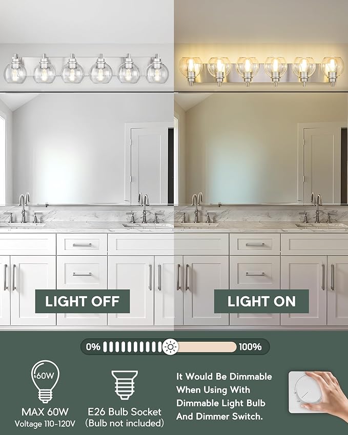 METWET Bathroom Light Fixtures, 6 Light Brushed Nickel Vanity Light, 38 Inch - Image 6