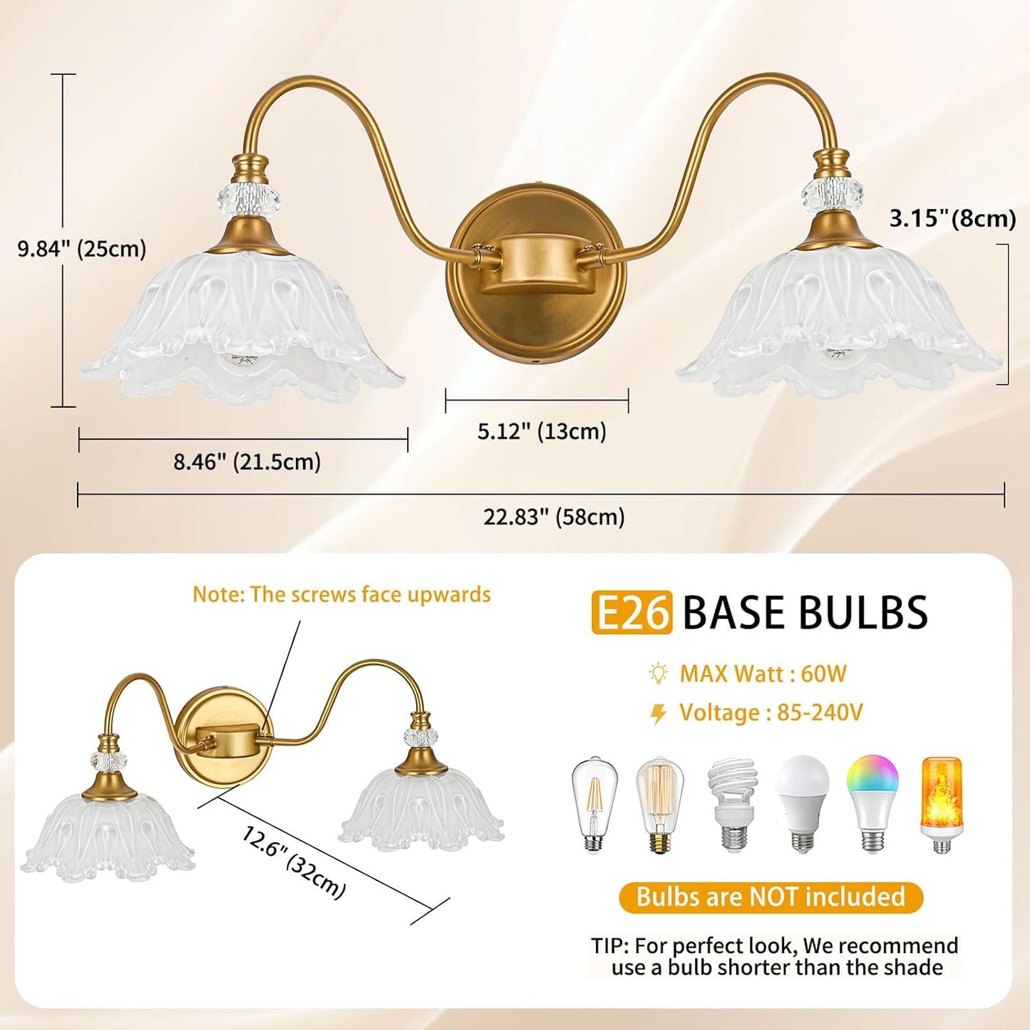 Vintage Bathroom Vanity Light, 2-Light Matte Brass Finish Vanity Light with Floral White Glass Shades, Retro Wall Sconce for Bathroom, Dressing Table