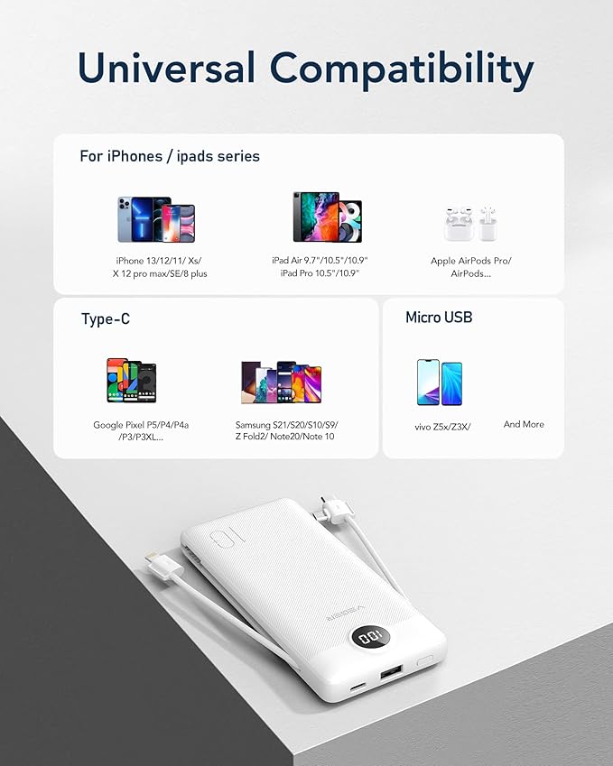 VEGER Portable Charger for iPhone Built in Cables and Wall Plug, 10000mah Slim - Image 6