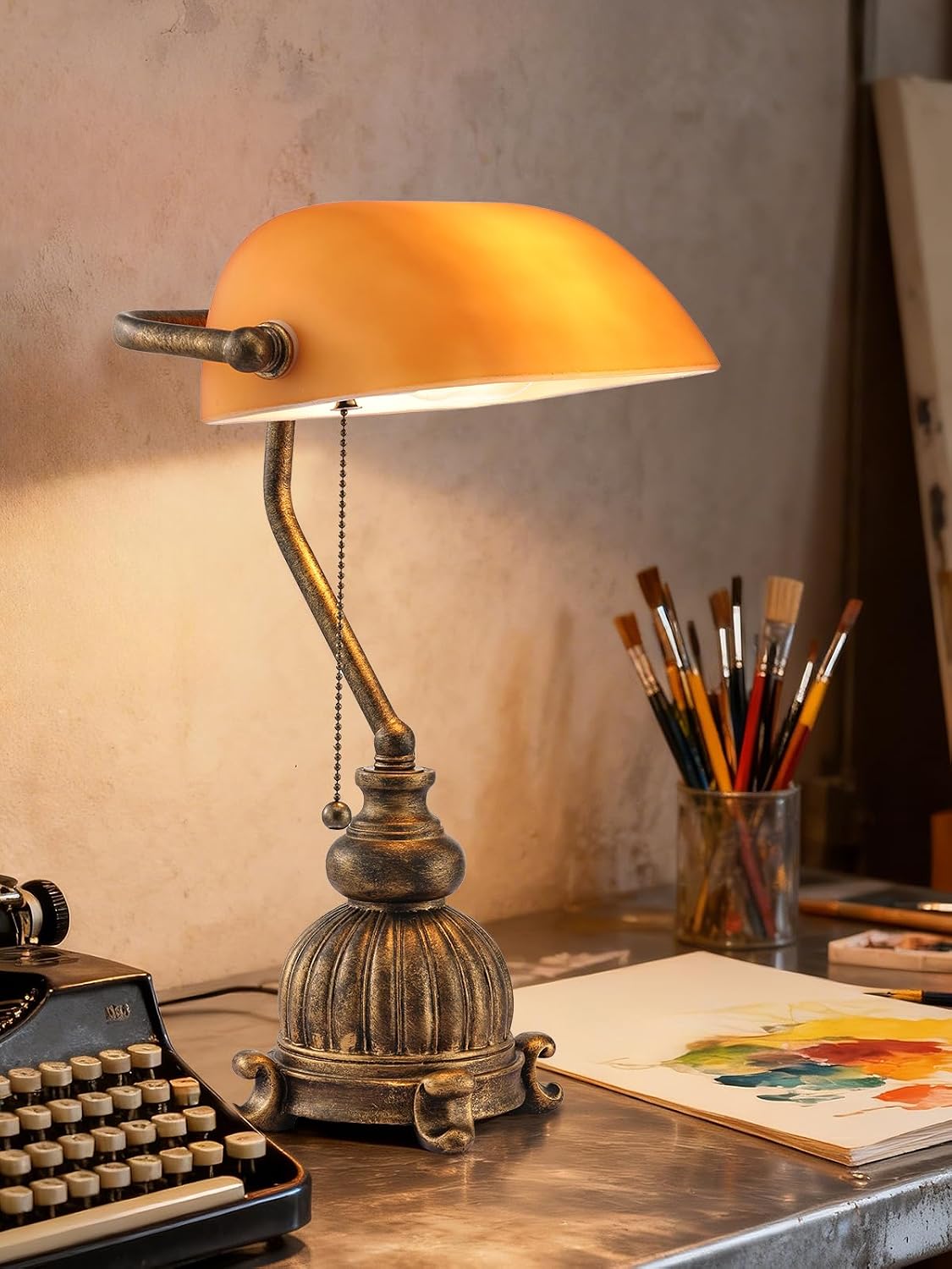 Retro Amber Glass Bankers Desk Lamp,LED Bulb Included | Pull Chain Switch for Home Office Library Plug in Fixture