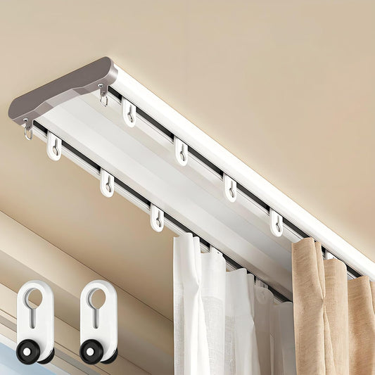 Double Curtain Track Ceiling Mount,Heavy-Duty Thick Aluminum Alloy Curtain Rail with Silent Pulleys,Anti-Sag Dual Rail Room Divider for Bedroom Bay Window Hotel - White, 13.1ft (4m)