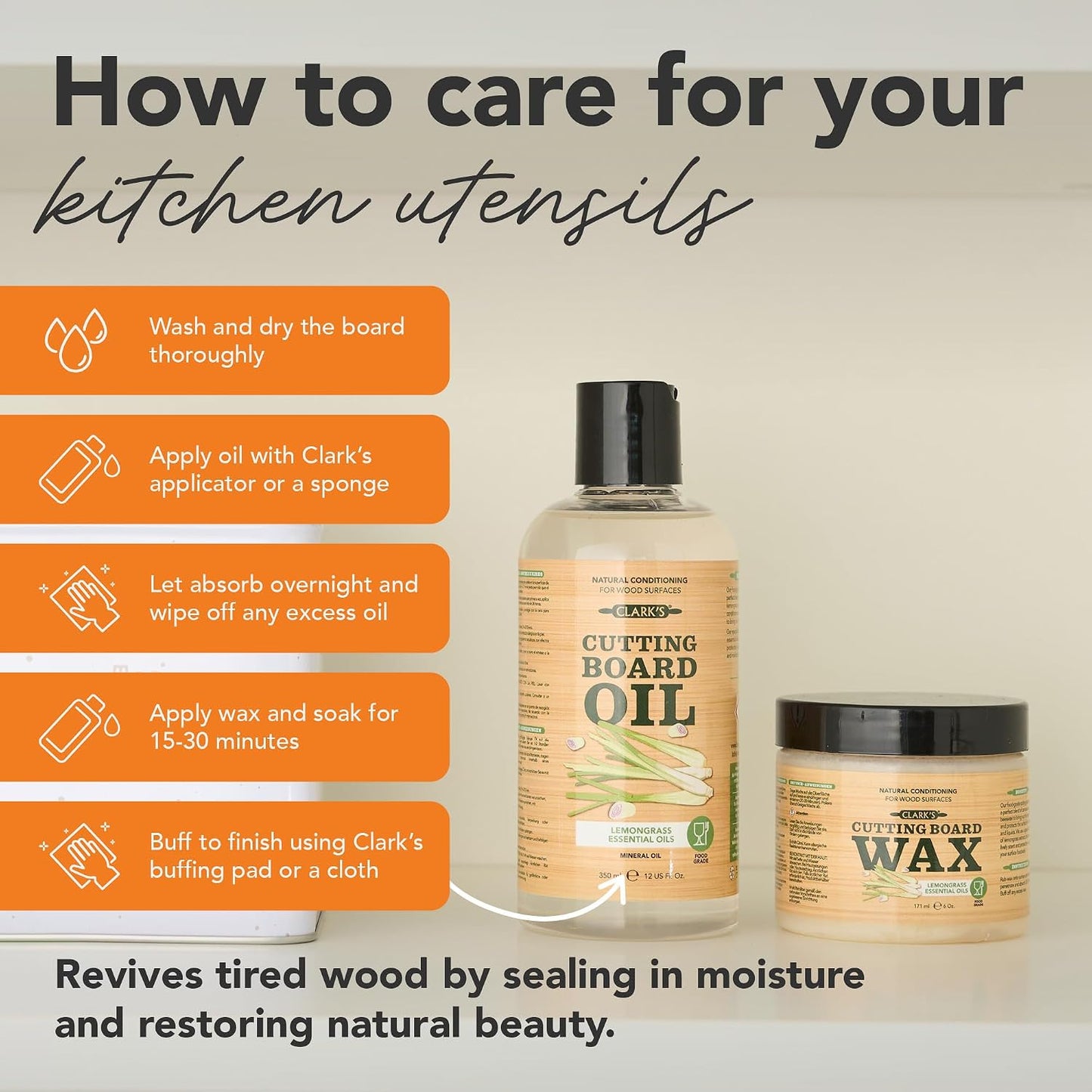 CLARK'S Cutting Board Oil & Wax Kit, Lemongrass Scent - Set of 2 | Includes Food Grade Mineral Oil (12oz), Cutting Board Wax (6oz) for Cutting Boards, Butcher Blocks & Kitchen Wooden Utensils