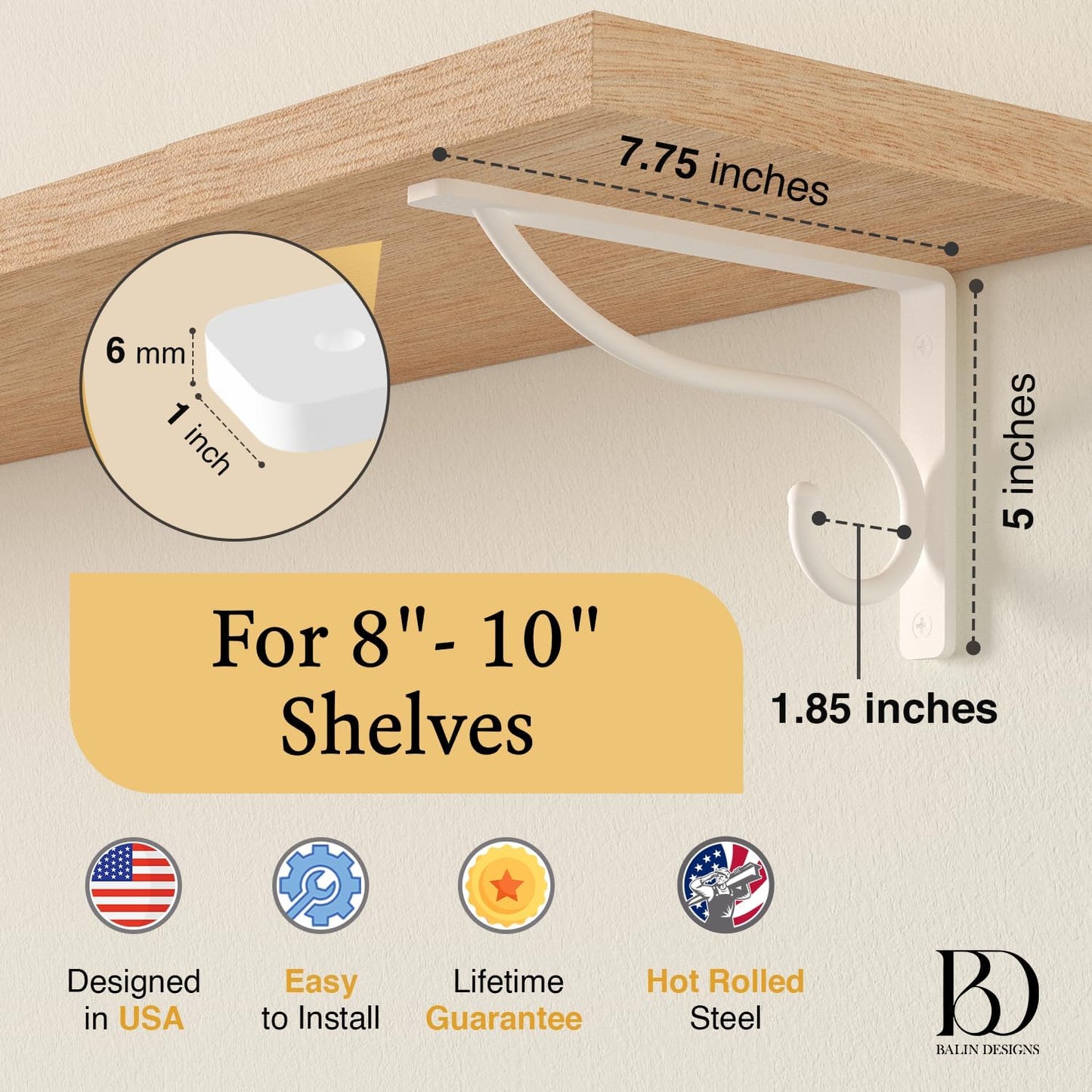 Closet Rod Bracket, 8 Inch Hook Shelf Brackets Heavy Duty Wall Mounted, Black Closet Rod Support Brackets for Curtains, Hanging Hook Kitchen, Garage Shelf Supports (4 Pack) (White, 8 Inch)