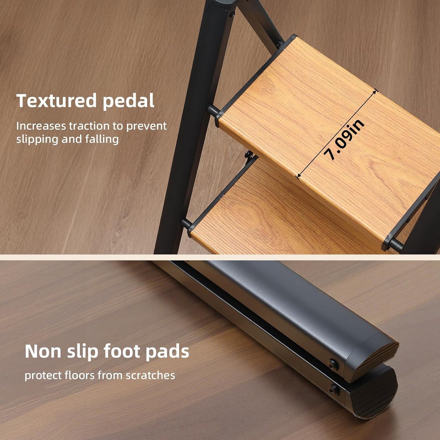 3 Step Ladder, Folding Step Stool, Black & Woodgrain | Wide Anti-Slip Steps and a Foldable, Space-Saving Design for Adults to Use in Kitchens, Closets, Library,300 lbs