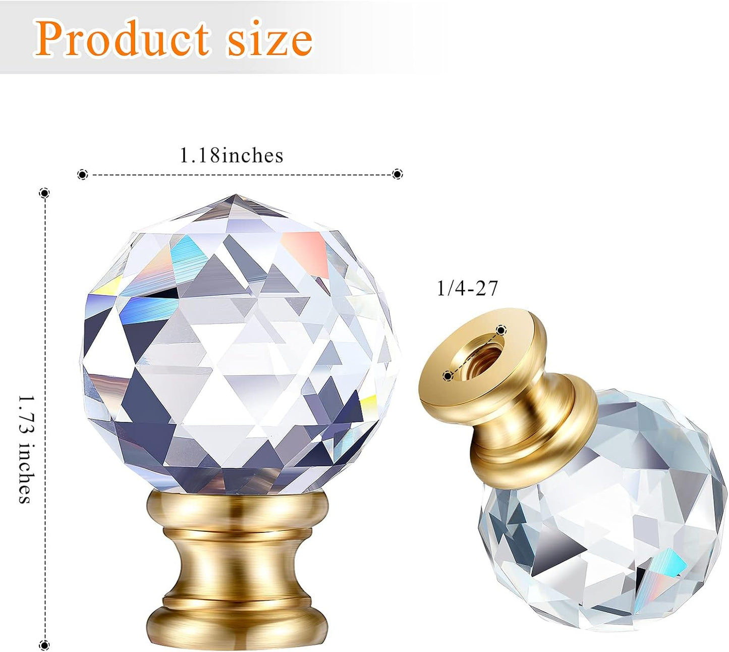 Mudder 2 Pcs Crystal Lamp Finial Diamond Knob 1-3/4 Inches,Gold Base | Decorative Finials for Lamp Shades, Faceted Crystal Knobs with Threaded Screw Cap, Fits Table and Floor Lighting Fixtures