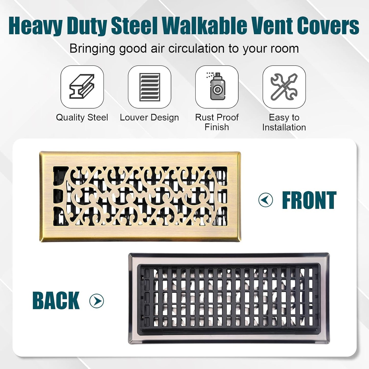 10 Pcs Heavy Duty Floor Registers Carbon Steel Walkable Floor Vent Covers Easy Adjust Air Flow Decoration for Home Heater Air Grilles Vents Supply (Brass,4 x 10 Inch)