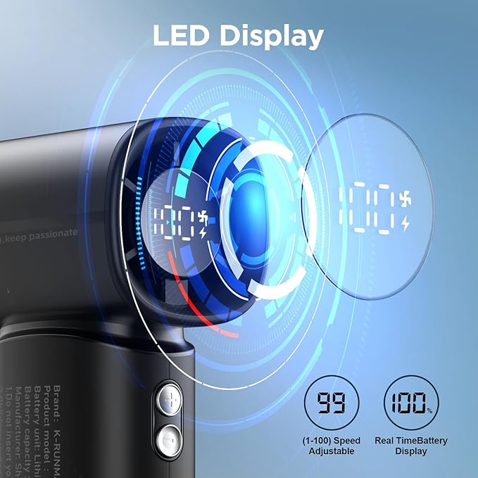 K-RUNMAN Portable Handheld Turbo Fan, 5 Gear Wind, Battery Operated, LED Display - Image 5