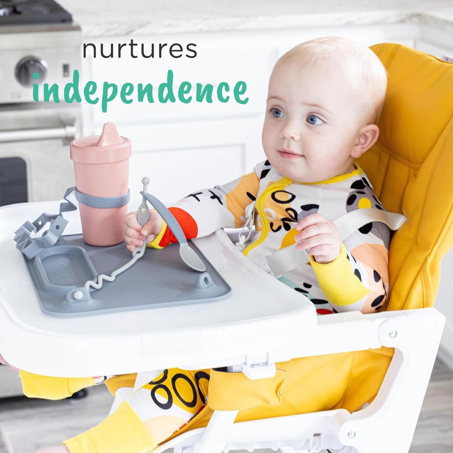 Busy Baby Bottle Bungee and Sippy Cup Strap in Food Grade Silicone (Pewter)