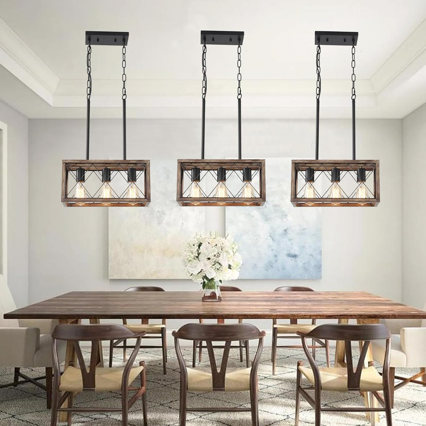 Farmhouse Light Fixtures,3-Light Dining Room Light Fixture,Industrial Metal Kitchen Pendant Lighting Over Island, Chandelier for Dining Table Kitchen Sink, Wood Grain Finish.