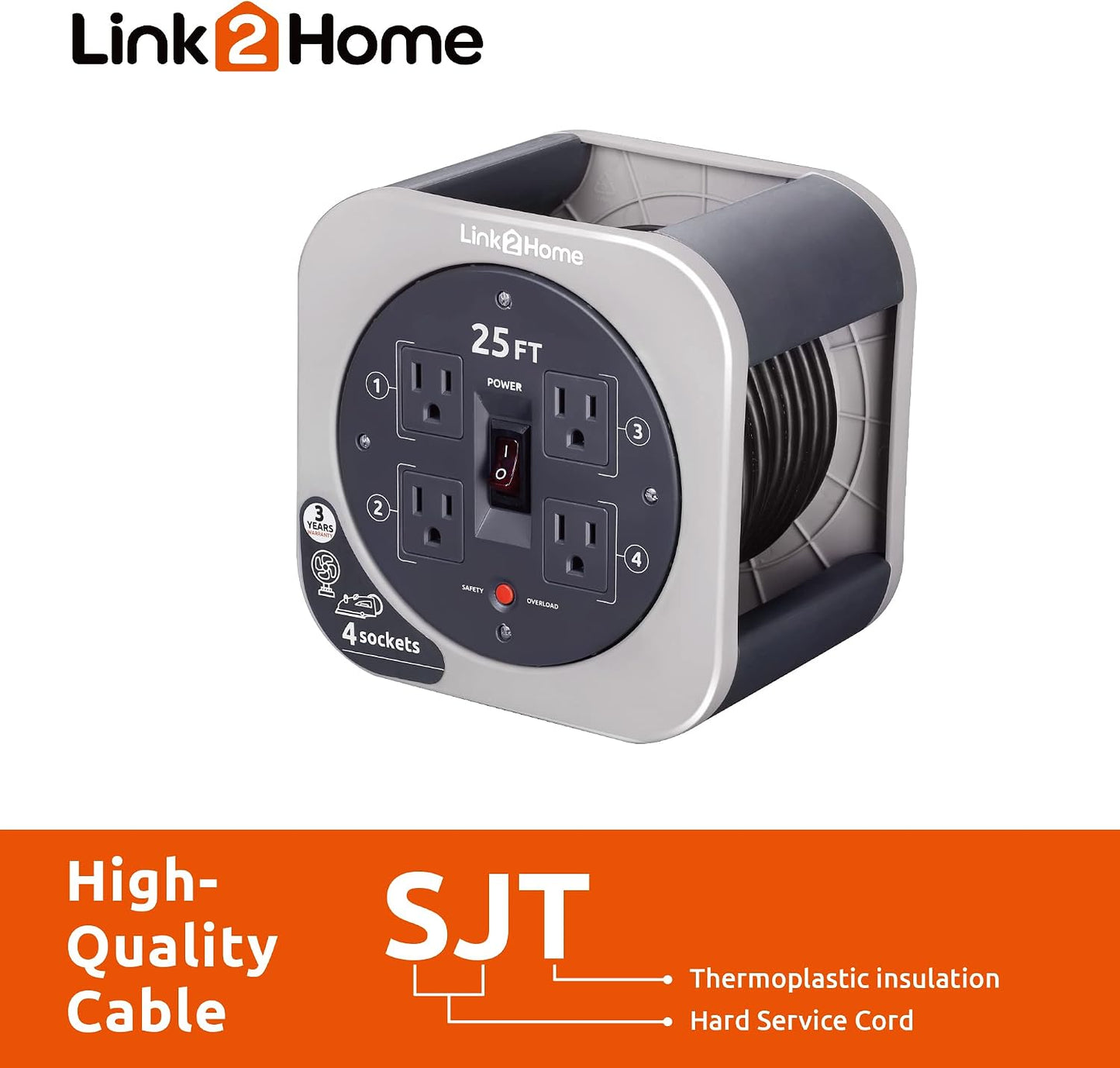 Link2Home 25 Ft. Extension Cord Storage Reel, 4 Grounded Outlets | 16/3 cable, overload reset button, compact design for garage or workshop