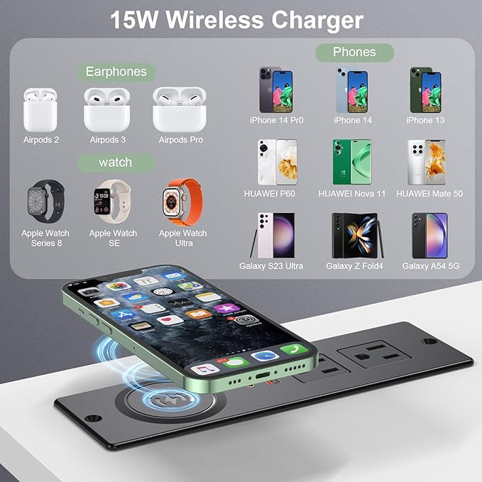 Recessed Power Strip with 15W Wireless Charger, Haiaoyyds Flush Mount Power - Image 5